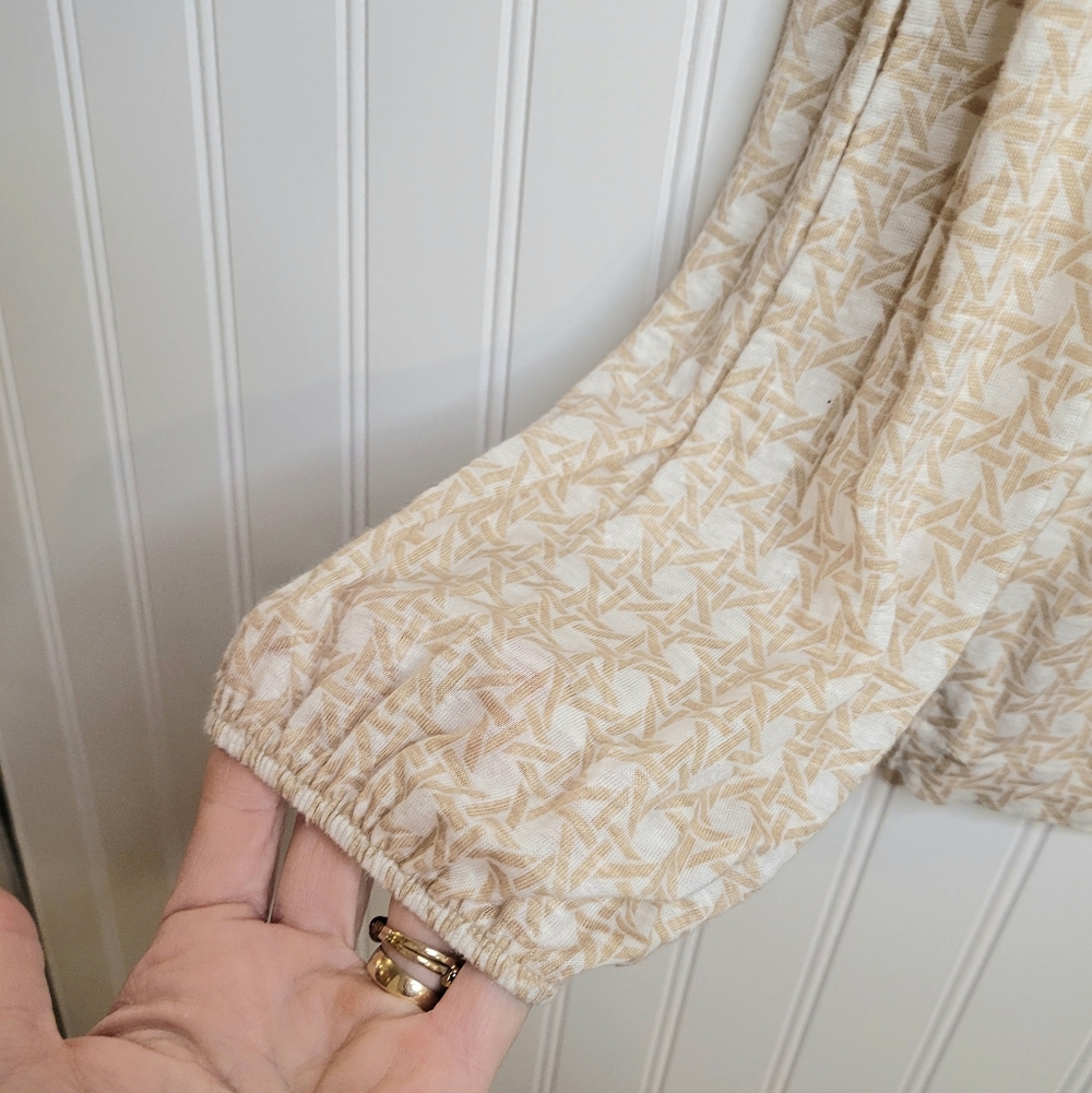 Ann Taylor Linen Tan Geometric Print Top Size L Neutral Minimalist Quiet Luxury - Picture 6 of 6